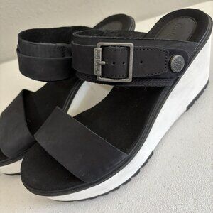 Timberland Wedge Sandals Black Leather Upper Metal Buckle Slip On Women 8